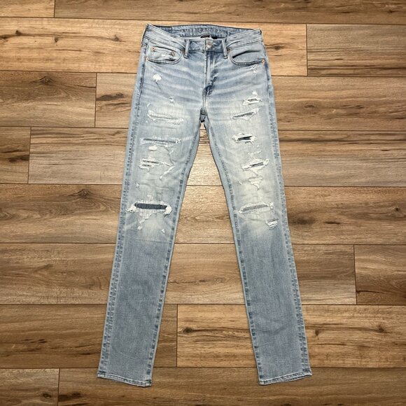 American Eagle AE Slim Fit Denim Jeans 30x34 Blue Distressed Stretch Airflex - Picture 1 of 12